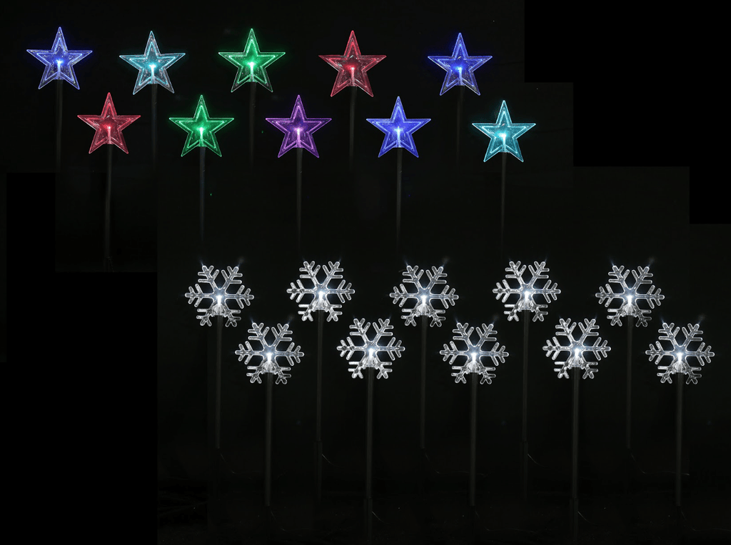 LED Battery Multicolour Snowflakes/ White Stars Stakes with Timer (5pc)